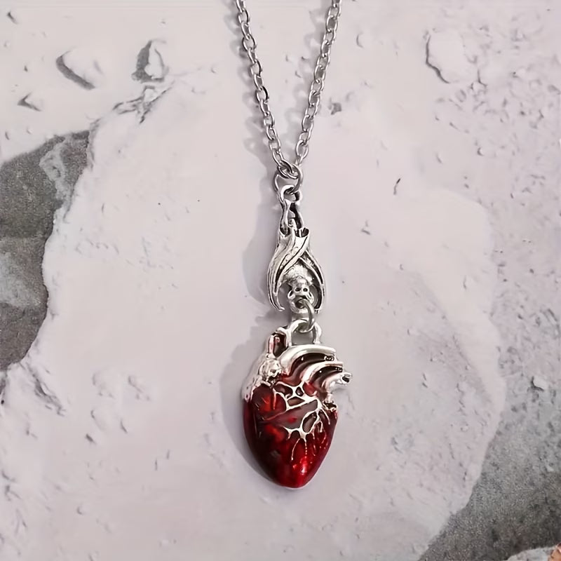 Gothic Bat & Heart Pendant Necklace – Red Heart Charm, Perfect Gift for Her