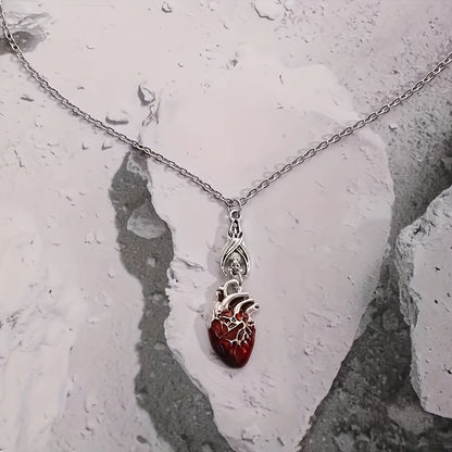 Gothic Bat & Heart Pendant Necklace – Red Heart Charm, Perfect Gift for Her