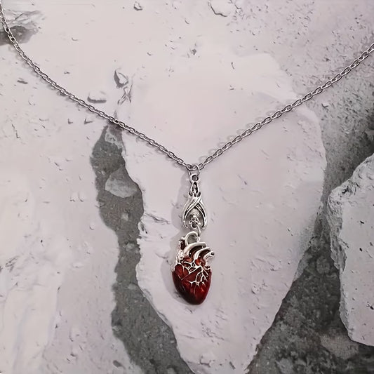 Gothic Bat & Heart Pendant Necklace – Red Heart Charm, Perfect Gift for Her