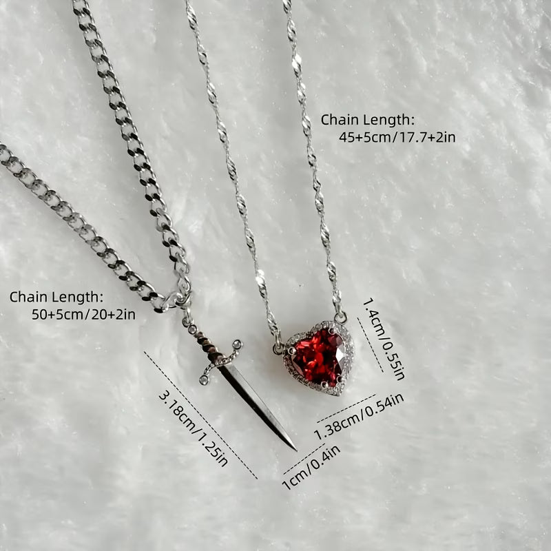 Heart & Sword Couple Necklace Set – 2pcs Silver & Gold Confession Gift