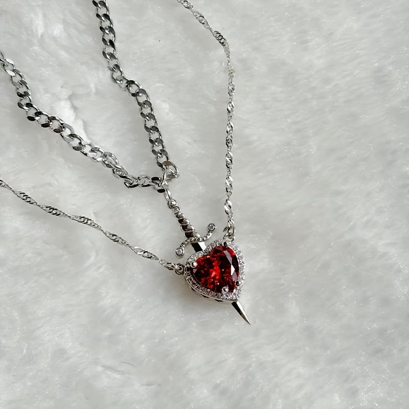 Heart & Sword Couple Necklace Set – 2pcs Silver & Gold Confession Gift