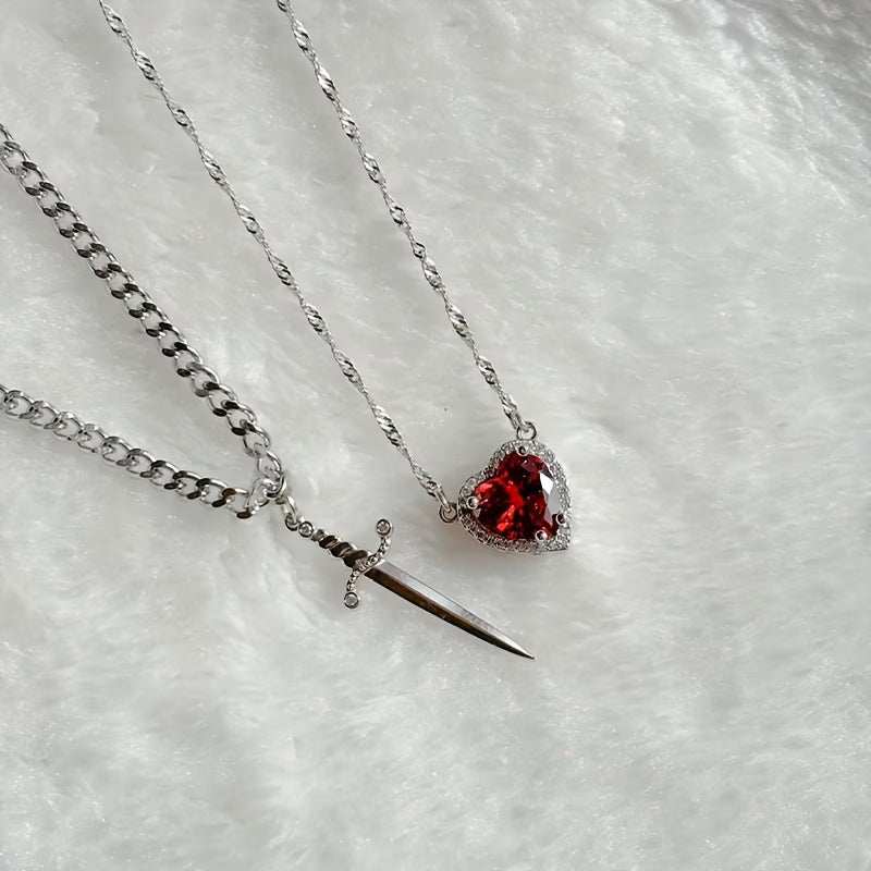 Heart & Sword Couple Necklace Set – 2pcs Silver & Gold Confession Gift
