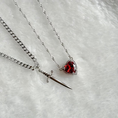 Heart & Sword Couple Necklace Set – 2pcs Silver & Gold Confession Gift