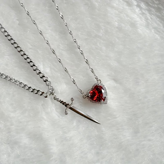 Heart & Sword Couple Necklace Set – 2pcs Silver & Gold Confession Gift