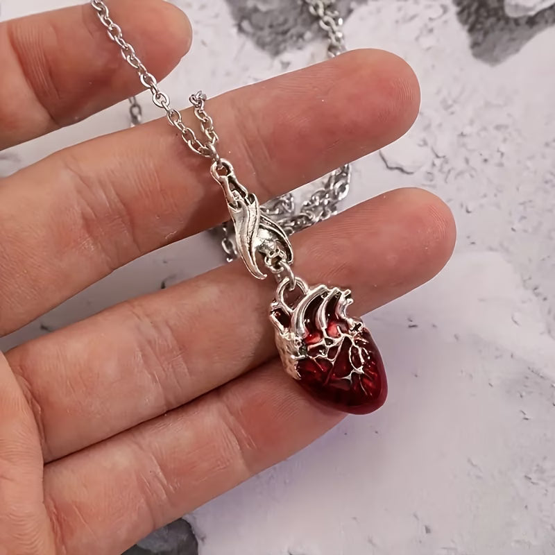 Gothic Bat & Heart Pendant Necklace – Red Heart Charm, Perfect Gift for Her
