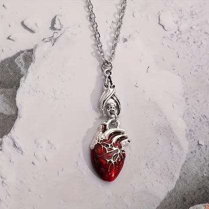 Gothic Bat & Heart Pendant Necklace – Red Heart Charm, Perfect Gift for Her